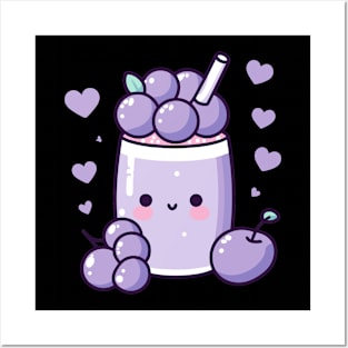 Kawaii Blueberry Boba Drink with Hearts | Design for Kawaii Food Art Lovers Posters and Art